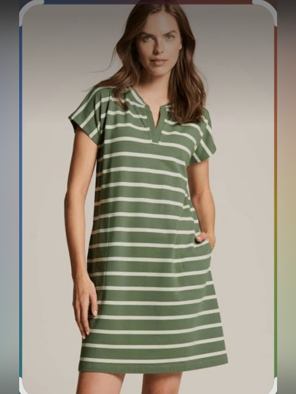 J. Jill Green and White Striped Dress with V-Notch & Pockets
